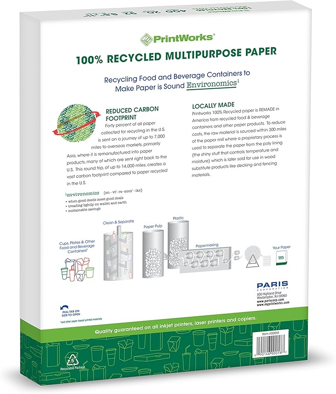 PrintWorks 100% Recycled Printer Paper 8.5" x 11" White - 20 lb Copy & Multipurpose Computer Paper - 1 Pack, 400 Sheets - Made in the USA - 92 Bright - Printer & Copier Compatible (00018)-DeskLoop Office