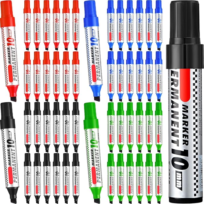 Thenshop 48 Pcs Jumbo Size Permanent Markers Bulk Waterproof Chisel Tip Marker Pens for Industrial Use Work on Wood Metal Plastic Stone Glass(Black, Blue, Green, Red)-DeskLoop Office