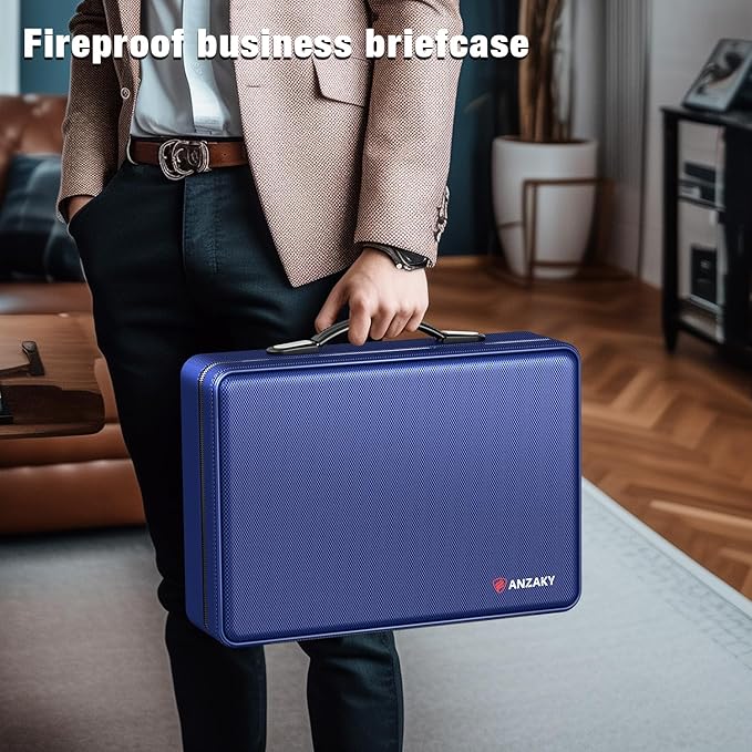Fireproof Document Box with Fireproof Zipper, Hard Inner Shell Fireproof Document Bag with Lock, Fireproof Water Resistant Important Document Organizer 16 inch Laptop File Briefcase (Blue)-DeskLoop Office