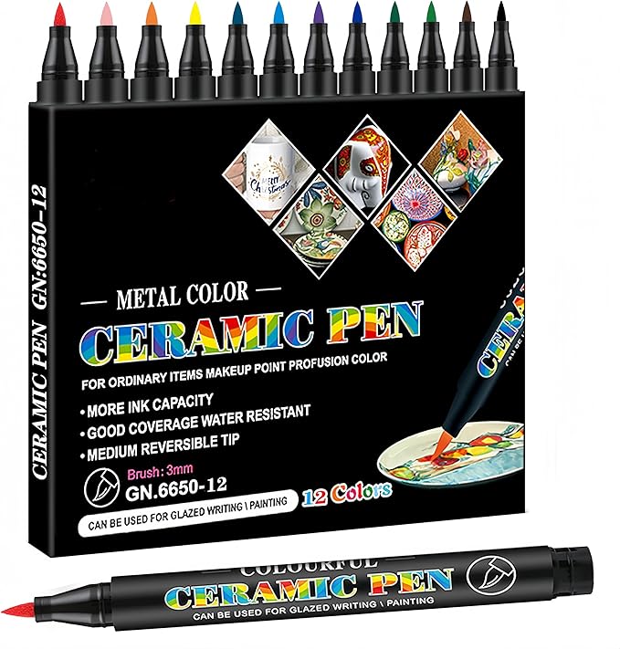 Permanent Marke Ceramics Pens 12 Colors Porcelain Paint Brush Pen for Both Glazed and Unglazed Ceramics Christmas Decoration Wine Markers-DeskLoop Office