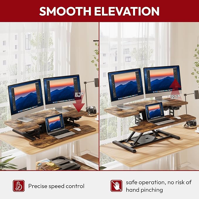 SANODESK Standing Desk Converter with Electric Motor 40" Height Adjustable Riser for Office Home,Dual Monitor and Laptop Workstation with Large Keyboard Tray,Rustic Color-DeskLoop Office