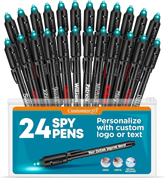 Personalized Invisible Disappearing Ink Pen Marker Pack, Custom Secret Spy Message Writer with UV Light, Fun for Kids Party Favors Gifts and Stock Stuffers, 24 Pack, Black-DeskLoop Office