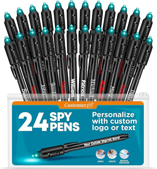 Personalized Invisible Disappearing Ink Pen Marker Pack, Custom Secret Spy Message Writer with UV Light, Fun for Kids Party Favors Gifts and Stock Stuffers, 24 Pack, Black-DeskLoop Office