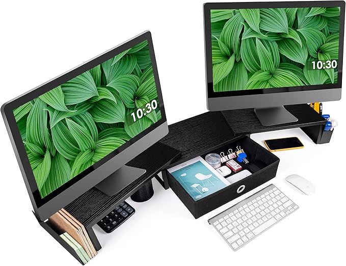 Dual Monitor Stand Riser w/ Drawer & Metal Leg, Large Computer Monitor Riser w/ Storage For 2 Monitors, Desk Shelf For Monitor w/ Adjustable Length & Angle, Desktop Organizer For Laptop/TV/Printer-DeskLoop Office