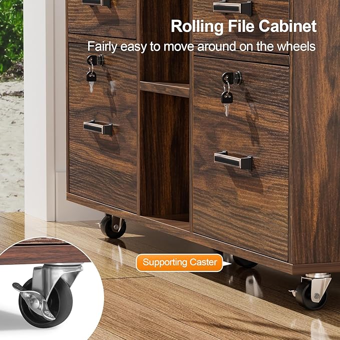 VINGLI Dark Brown Wood Lateral File Cabinet with Lock, 4 Drawer & 4 Open Shelves, Rolling File Cabinet for Home Office, Letter Sized-DeskLoop Office