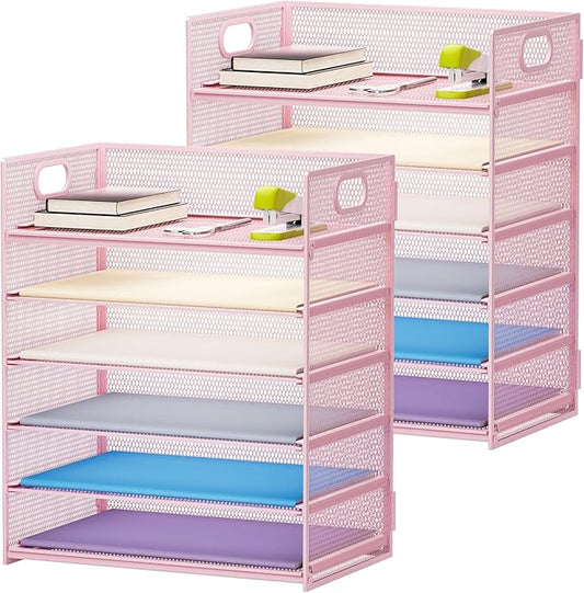 Marbrasse 2 Pack Desk Organizer with Handle, 6 Tier Paper Letter Tray, Mesh Desk File Organizer for Office, School and Home - Pink-DeskLoop Office