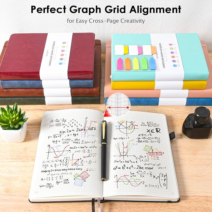 Graph Paper Notebook, 312 Numbered Pages Large A5 Hardcover Leather Journal, 100gsm No Bleed Grid Paper Notebook with Index Pages, Grid Notebook for Graphing Notes Math, 5.75" x 8.38", Black-DeskLoop Office