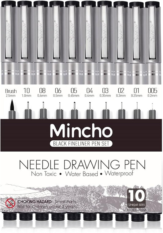 Set of 10 Black Micro-Pen Fineliner Ink Pens, Anti-Bleed & Waterproof Archival ink,Brush & Calligraphy Tip Nibs - Artist Illustration, Office Documents, Scrapbooking, Technical Drawing-DeskLoop Office