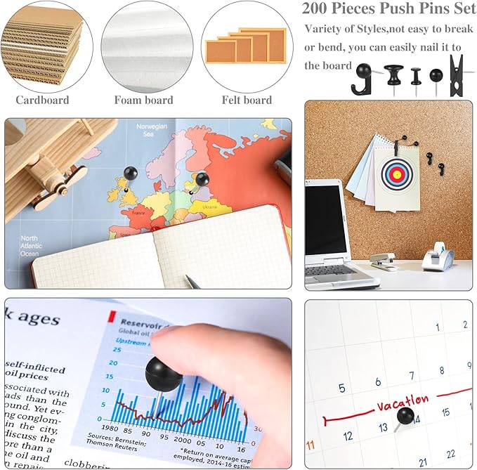 200 Pieces Push Pins Thumb Tacks Black Push Pins for Cork Board, 5 Style for Bulletin Boards Wall Maps Pictures Office Home Supplies-DeskLoop Office
