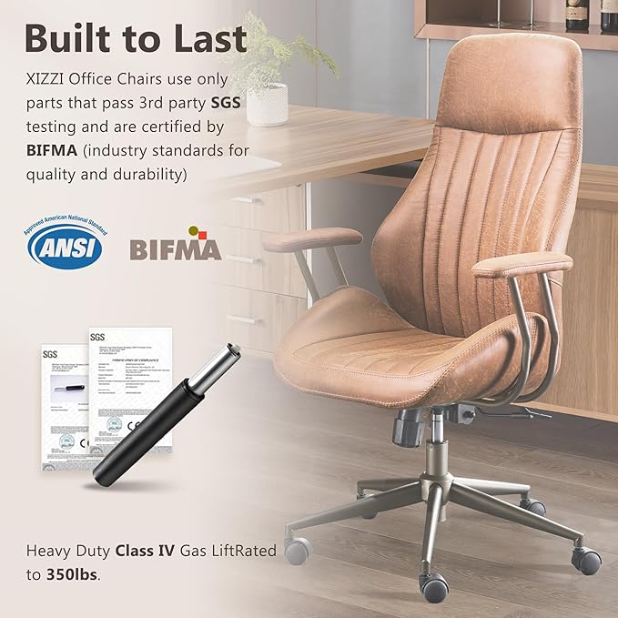 Mid Century Modren Office Chair - High Back Swivel Executive Chair with Lumbar Support,Ergonomic Computer Desk Chair with Wheels,Faux Lether Suede Task Chair,350lbs (Brown, High Back)-DeskLoop Office