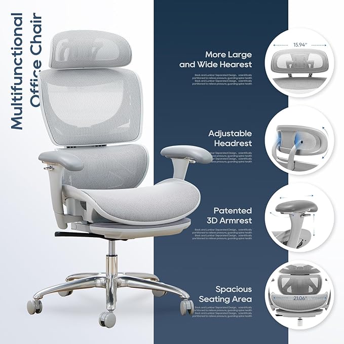COLAMY Ergonomic Mesh Office Chair, Ergonomic Desk Chair with Footrest, Executive High Back Computer Desk Chair with Lumbar Support, Headrest and Adjustable 3D Arms, Tilt Lock and Lumbar Support-Grey-DeskLoop Office