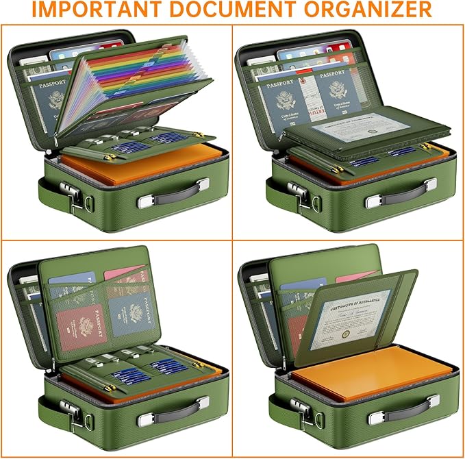 DocSafe Fireproof Document Box with Lock, Hard Case File Organizer with Accordion File Folder, Fireproof Water Resistant Safe Box Home Office Travel Storage for Important Documents Laptop Green-DeskLoop Office