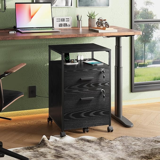 DEVAISE 2 Drawer File Cabinet with Lock and Charging Station, Wood Filing Cabinet fits A4 or Letter Size, Mobile Printer Stand with Open Storage Shelf for Home Office, Black-DeskLoop Office