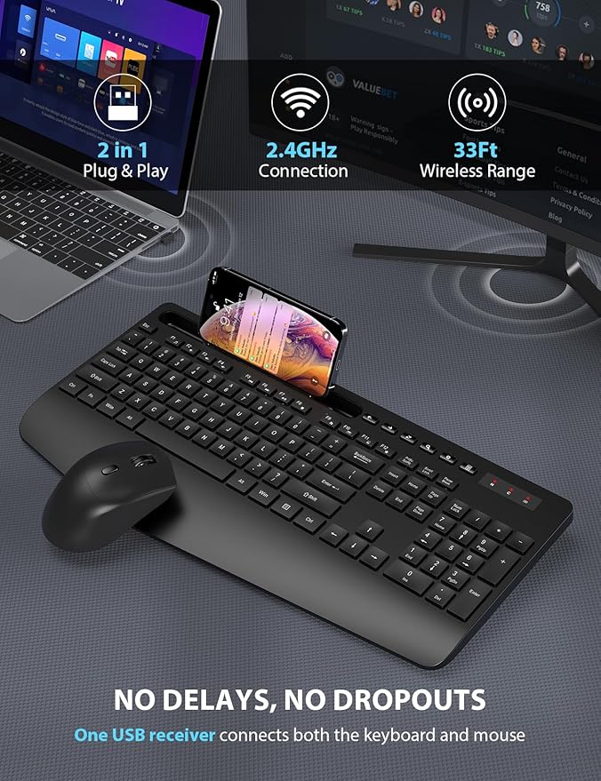 Wireless Keyboard and Mouse Combo - Full-Sized Ergonomic Keyboard with Wrist Rest, Phone Holder, Sleep Mode, Silent 2.4GHz Cordless Keyboard Mouse Combo for Computer, Laptop, PC, Mac, Windows -Trueque-DeskLoop Office