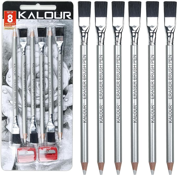 KALOUR Detail Eraser Pencil - 6pc Eraser Pencils with Brush and 2pc Sharpener,Erasing Small Details or add Highlights for Sketching, Charcoal Drawings. Fine Detail Eraser for Beginners & Artists-DeskLoop Office