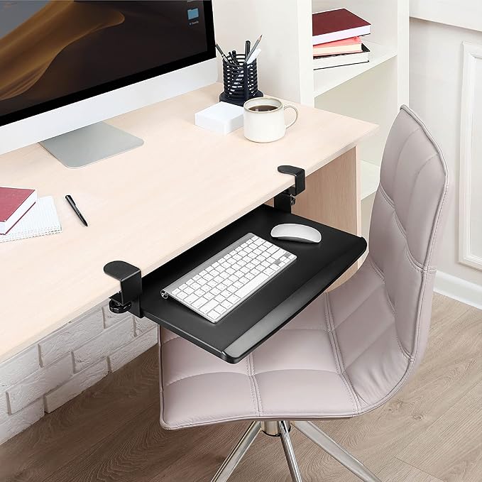 EHO Clamp-On Retractable Adjustable Keyboard Tray, Under Desk Ergonomic Keyboard Tray - Easy Tool-Free Install - Small Surface 20" (24.8" Including Clamps) x 11.5"-DeskLoop Office