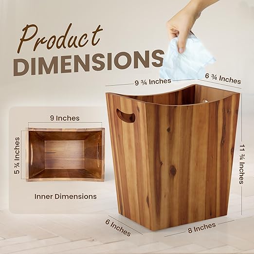 2 Gallon Acacia Wooden Bin, Wastebasket – Small Trash Can, Decorative Bathroom Trash Can, Waste Basket for Bedroom, Office Garbage Can, Wood Bathroom Accessories, Boho Bedroom Decor-DeskLoop Office