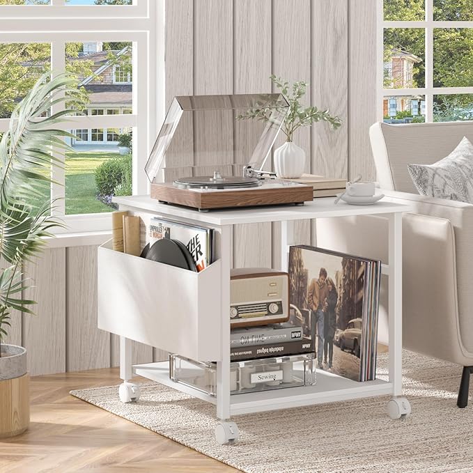 Lerliuo Large Printer Stand with Storage Shelf, 23.6 x 23.6 x 22.8 Industrial Printer Table for Home Office, Rolling Printer Cart Holder with Lockable Wheels, Mobile Mini Fridge Stand Table (White)-DeskLoop Office