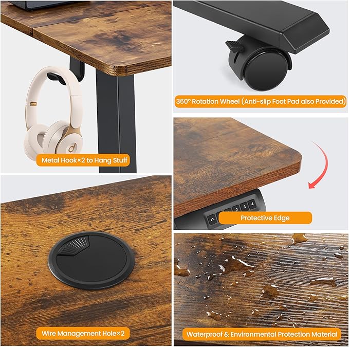 Himimi Electric Standing Desk 55 x 24 inch for Home Office,Sit-Stand Adjustable Desk with Memory Presets,Height Adjustable Desk for Gaming/Working,Free Hook, Lockable Wheels,Mouse Pad,Brown-DeskLoop Office