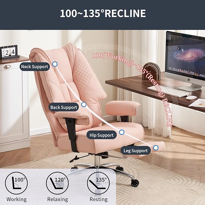 Big and Tall Office Chair 400lbs Wide Seat, Leather High Back Executive Office Chair with Foot Rest, Ergonomic Chairs Lumbar Support for Lower Back Pain Relief (Light Pink)-DeskLoop Office