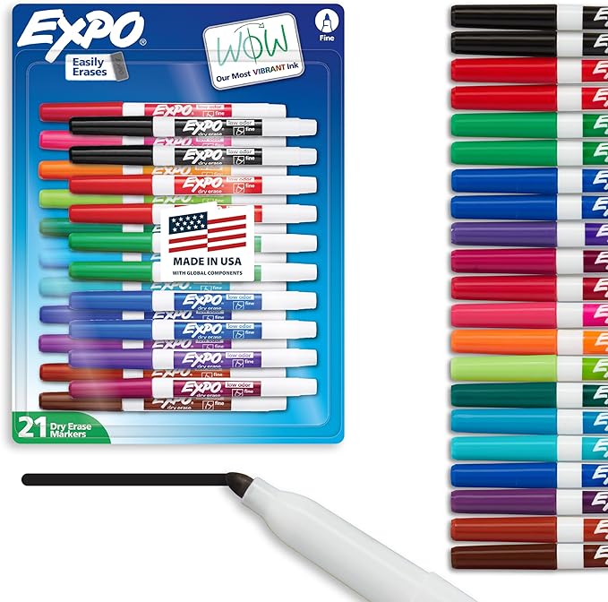EXPO Dry Erase Markers Whiteboard Markers with Low Odor Ink Fine Tip Assorted Vibrant Colors 21 Count-DeskLoop Office