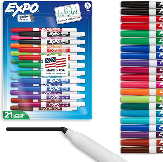 EXPO Dry Erase Markers Whiteboard Markers with Low Odor Ink Fine Tip Assorted Vibrant Colors 21 Count-DeskLoop Office