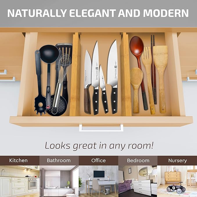 Bambüsi 4 Pack Drawer Divider - Bamboo 2.6" High, 12.5-17" Adjustable Drawer Organizers for Clothes, Expandable Dresser Separators in Bedroom/Bathroom/Kitchen/Office Organization and Storage-DeskLoop Office