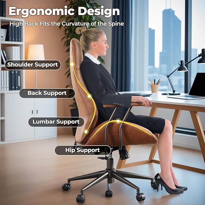 ovios Ergonomic Home Office Chair, Mid-Century Modern Faux Leather Chairs with Padded Armrests, Comfy High Back Swivel Rolling Executive Computer Armchair (Brown, Suede Leather)-DeskLoop Office