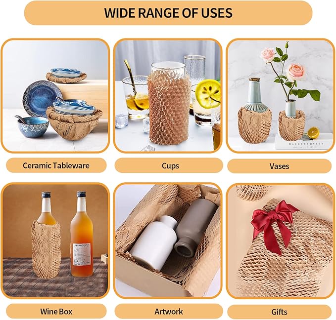 Honeycomb Packing Paper, 15"x230' Honeycomb Cushioning Bubble Wrap Paper Roll for Moving Shipping Breakables Packaging Gifts with 20 Fragile Sticker Biodegradable & Fully Recyclable Brown Kraft-DeskLoop Office