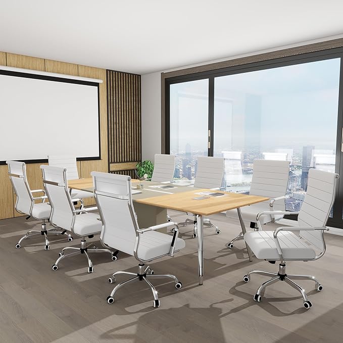 Home Office Chair Ribbed, Modern Leather Conference Room Chairs, Ergonomic Office Desk Chair, High Back Executive Computer Chair, Adjustable Swivel Chair with Arms (White)-DeskLoop Office