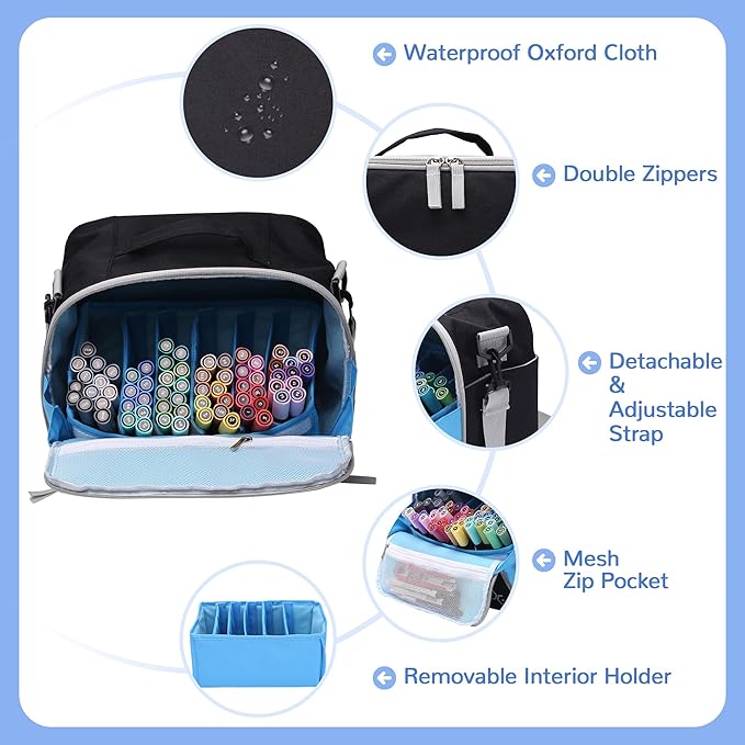 Large Storage Tote Bag for Markers, Brush Pens, Coloring Pencils, Books, Art & Craft Supplies, Tools, Cosmetics - Up to 130 Pens, Black-DeskLoop Office
