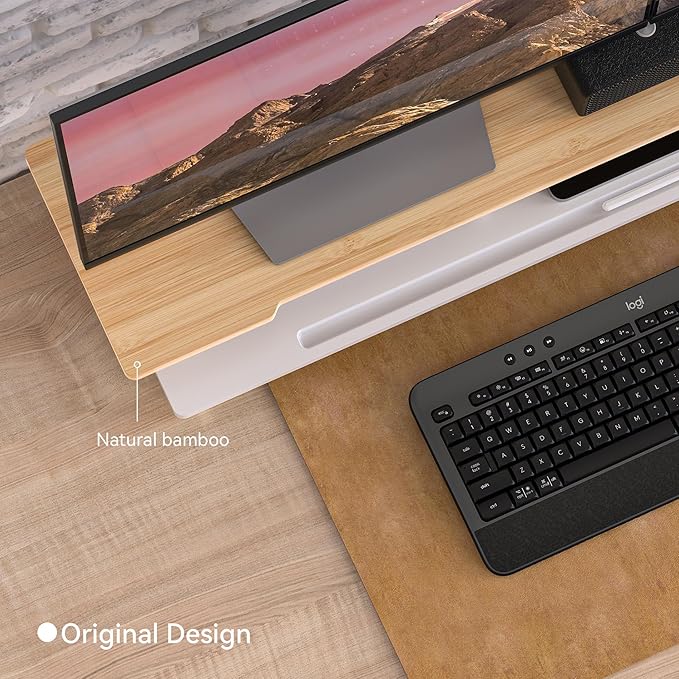 Monitor Stand Dual Monitor Stand Riser for Desk,Wood Desk Shelf Storage Organizer with Phone Tablet Holder (42.5 Inch, White & Natural Bamboo)-DeskLoop Office