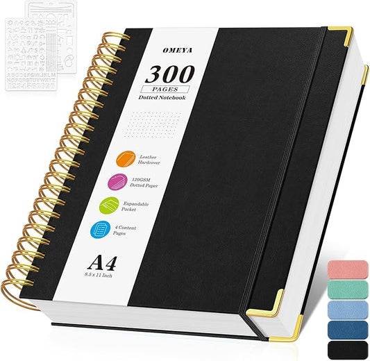 Bullet Dotted Journal Spiral Notebook, 300 Pages Leather Notebooks with Contens, 120 GSM Thick No Bleed Through Paper Journals, A4 Large Dot Grid Notebook for Women Men Work Writing, 8.5" x 11", Black-DeskLoop Office