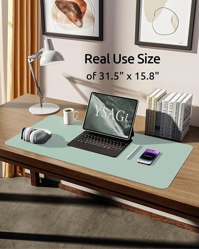 YSAGi Leather Desk Protector, Office Mat, Large Mouse Mat, Non-Slip PU Leather Blotter, Laptop Pad, Waterproof Writing Pad for Office and Home (Pale Green, 31.5" x 15.8")-DeskLoop Office