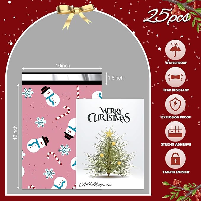 Christmas Poly Mailer 10x13 Inch 25 Pcs, Waterproof Shipping Bags for Clothing, Tear-Resistant Mailier Bags, Strong Mailing Bags with Self-Seal - Snowmen Printed-DeskLoop Office