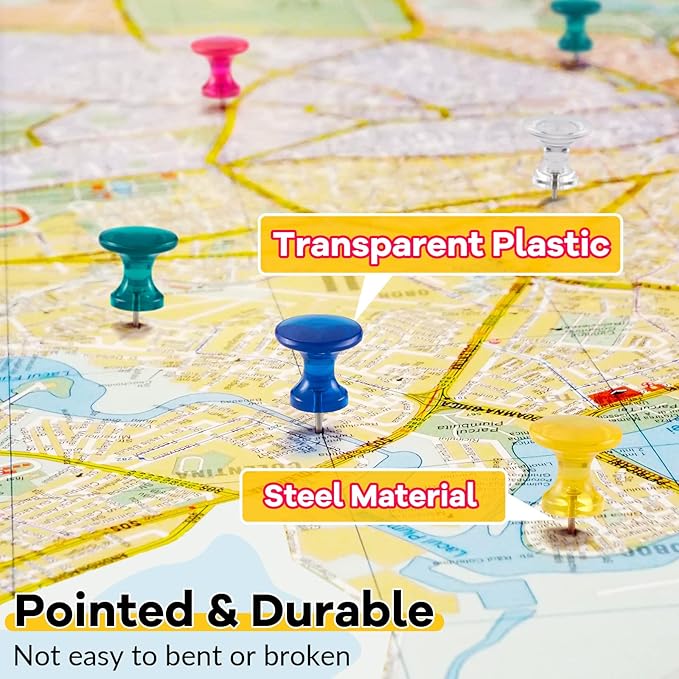 Outus 100 Pcs Giant Push Pins Large Thumb Tacks Plastic Heads 1 Inch Jumbo Push Pins for Cork Board Map Posters Office School(Rose Red, Clear, Dark Blue, Dark Green, Yolk Yellow)-DeskLoop Office