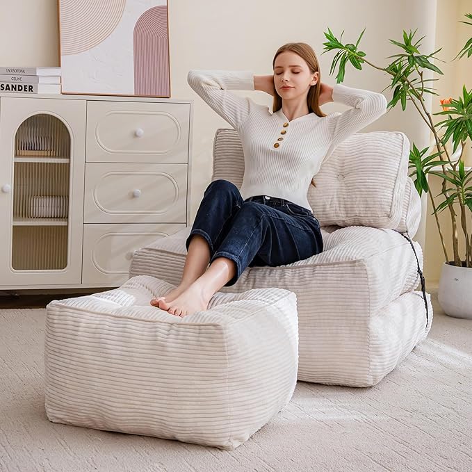 HIGOGOGO Square Stuffed Pouf Ottoman, Corduroy Poufs with Foam Chunk Filling, Furry and Fluffy Pouf Foot Stool Storage Ottoman, 21 X 21 Floor Poufs Foot Rest for Living Room, Beige-DeskLoop Office