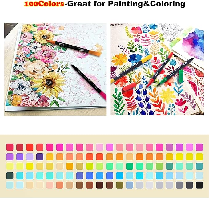 Dual Markers Brush Pens, 100 Coloring Pens and Fine Tips – Premium Art Supplies for Kids & Adults, Perfect for Coloring Books, Hand Lettering, Calligraphy, and Drawing-DeskLoop Office