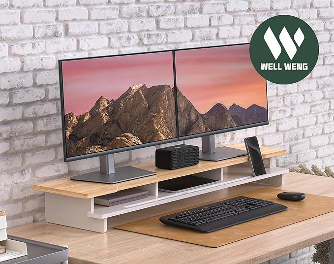 Monitor Stand Dual Monitor Stand Riser for Desk,Wood Desk Shelf Storage Organizer with Phone Tablet Holder (42.5 Inch, White & Natural Bamboo)-DeskLoop Office