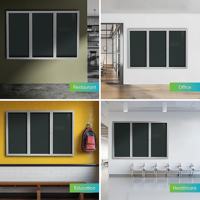 Ghent 36"x72" 3-Door Outdoor Enclosed Vinyl Bulletin Board, Shatter Resistant, with Lock, Satin Aluminum Frame - Ebony (PA33672VX-183), Made in the USA-DeskLoop Office