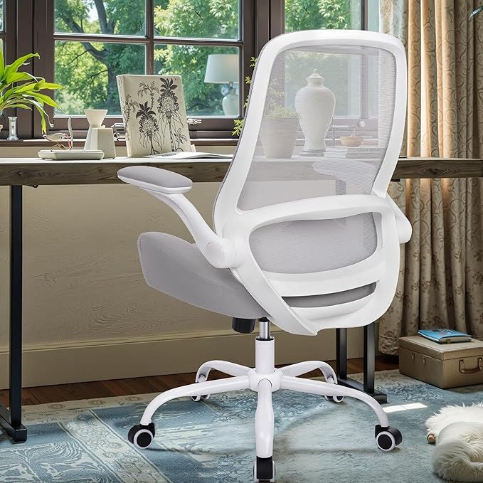 HYLONE Heavy Duty Office Chair, 5" Thickened Seat Ergonomic Desk Chair with Adjustable Armrests, Home Office Computer Chairs for Long Hours Mesh Executive Chair(White Base & Grey)-DeskLoop Office