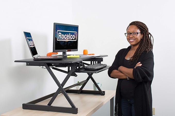 Rocelco 46" Large Height Adjustable Standing Desk Converter with Dual Monitor Mount Arm BUNDLE - Quick Sit Stand Up Computer Workstation Riser - Retractable Keyboard Tray - Black (R DADRB-46-MA2)-DeskLoop Office