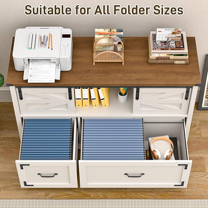 Lateral File Cabinets 2 Drawer with Sliding Barn Doors, Farmhouse Filing Cabinet with 2 Drawer for Home Officeļ¼Filing Organization Storage Cabinets for Hanging Files Letter/Legal/F4/A4.(Brown.)