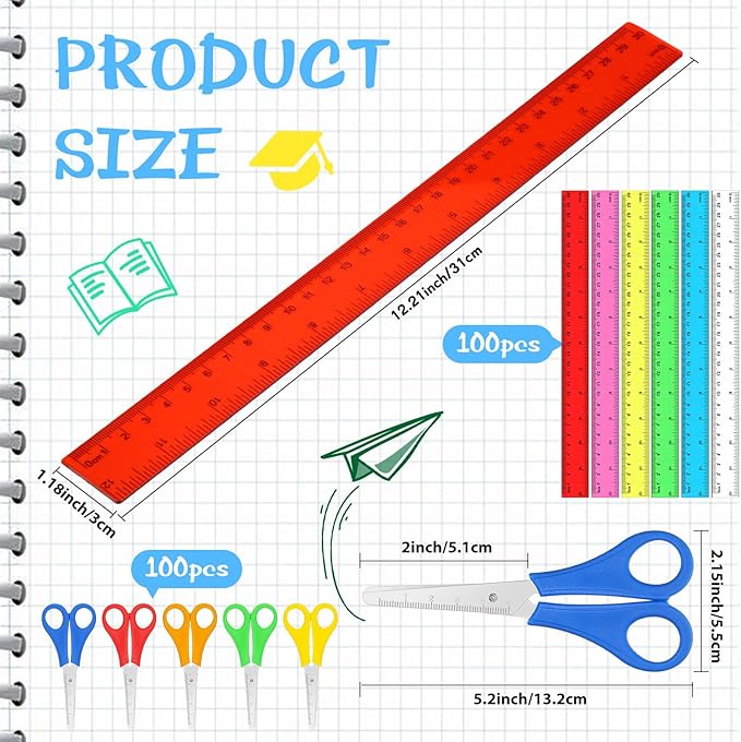 PerKoop 200 Pcs School Supplies with 100 Pcs Safety Blunt Tip Student Scissors 100 Pcs 12 Inch Plastic Rulers Back to School Supply Kit for Operation Christmas Charity Donation Supplies (Cute Color)-DeskLoop Office