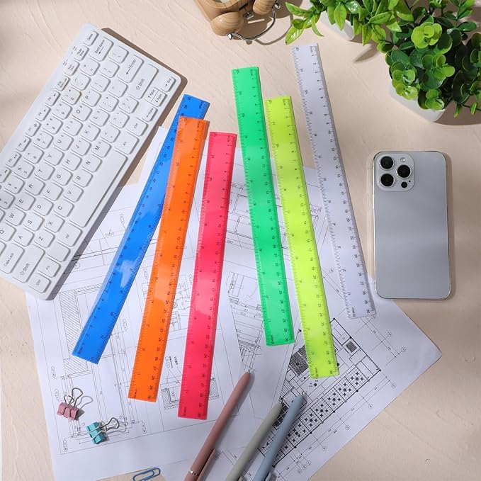 Zonon 6 Pcs 12 Inch Ruler Bulk Colorful Plastic Flexible Straight Metric Rulers with Centimeters and Inches Drafting Measuring Tool for Classroom School Students Education-DeskLoop Office
