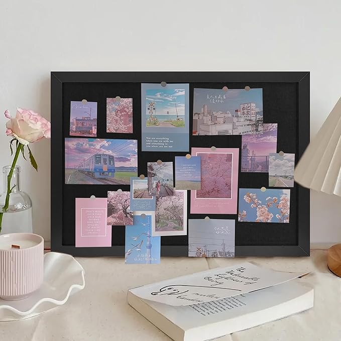 Black Cork Board Bulletin Board 16.7" x 11", 2-Pack Small Linen Corkboards with Frame for Walls, Cute Picture Display Pin Board Vision Board for Room School Office Bedroom 25 Pushpins-DeskLoop Office