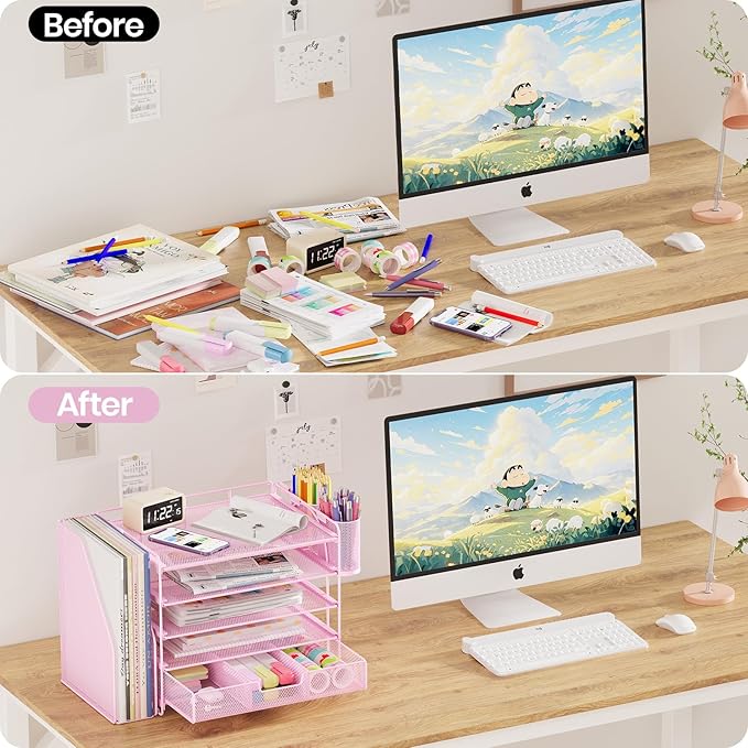 Desk Organizers and Accessories, 5-Tier Paper File Organizer with Drawer & Pen Holder, Office Desk Accessories Workspace Desktop Organizer for Office Supplies((Pink)-DeskLoop Office