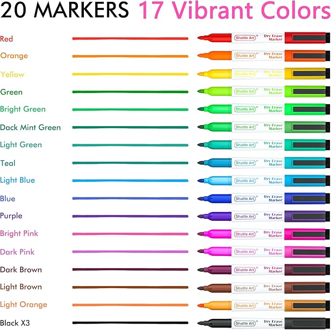 Shuttle Art Dry Erase Markers, 20 Pack 17 Colors Whiteboard Markers,Bundled with 3 Extra Black,Fine Tip Dry Erase Markers for Kids,Perfect for Writing on Dry-Erase Surfaces,School Office Supplies-DeskLoop Office