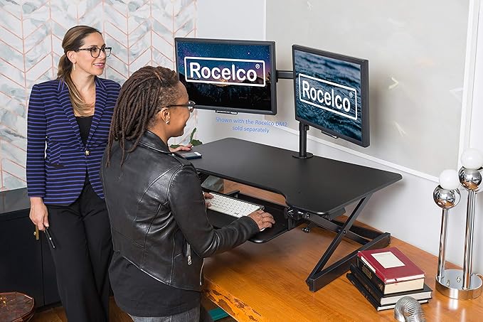 Rocelco 38" Large Height Adjustable Standing Desk Converter - Quick Sit Stand Up Dual Monitor Riser - Gas Spring Assist Tabletop Computer Workstation - Retractable Keyboard Tray - Black (R DADRB-38)-DeskLoop Office