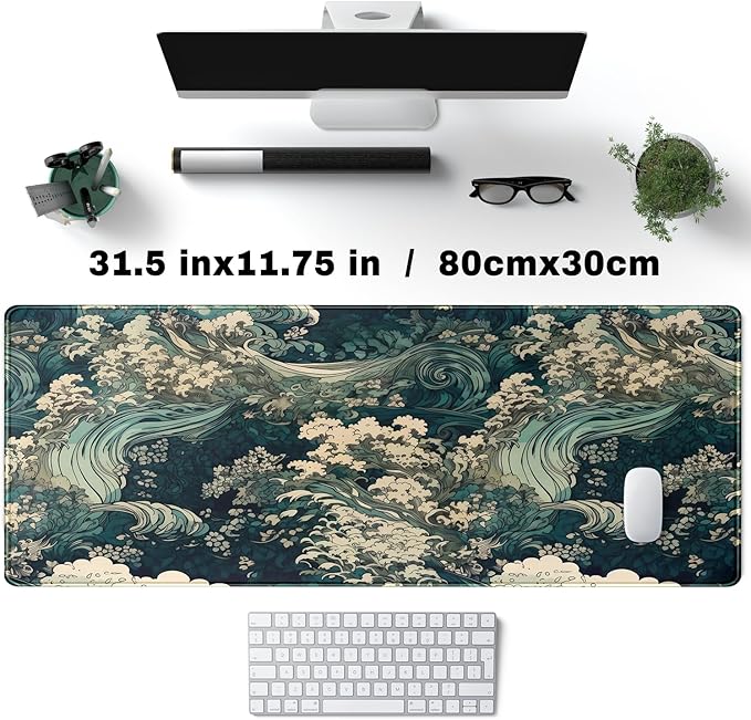 Japanese Large Mouse Pad Gaming Sea Wave Desk Pad Blue Sea Flower Art Aesthetics Desk Pad Non-Slip Rubber Base Mice Pad, 31.5 X 11.8 in for Laptop Computer Mouse Keyboard Mat of Office Desk Decor-DeskLoop Office